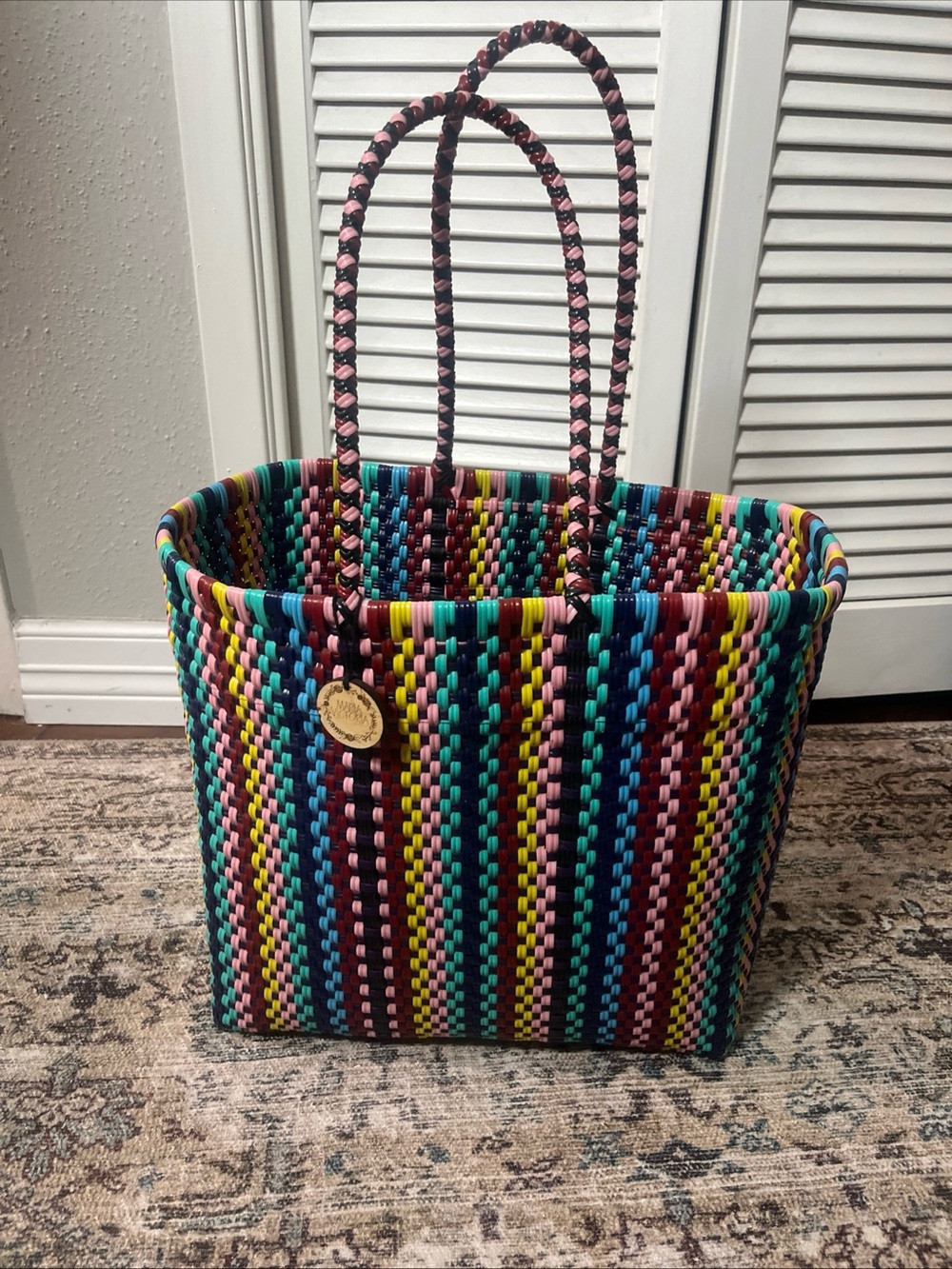 Maria Victoria ORZCO Handwoven Multicolor Tote Bag with Braided Handle